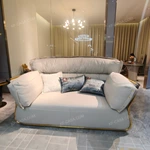 Modern Luxury Sofa Set with High-Gloss Natural Burl Wood Veneer, Full-Wrap Polished Gold Stainless Steel Frame & Handcrafted Braided Detail